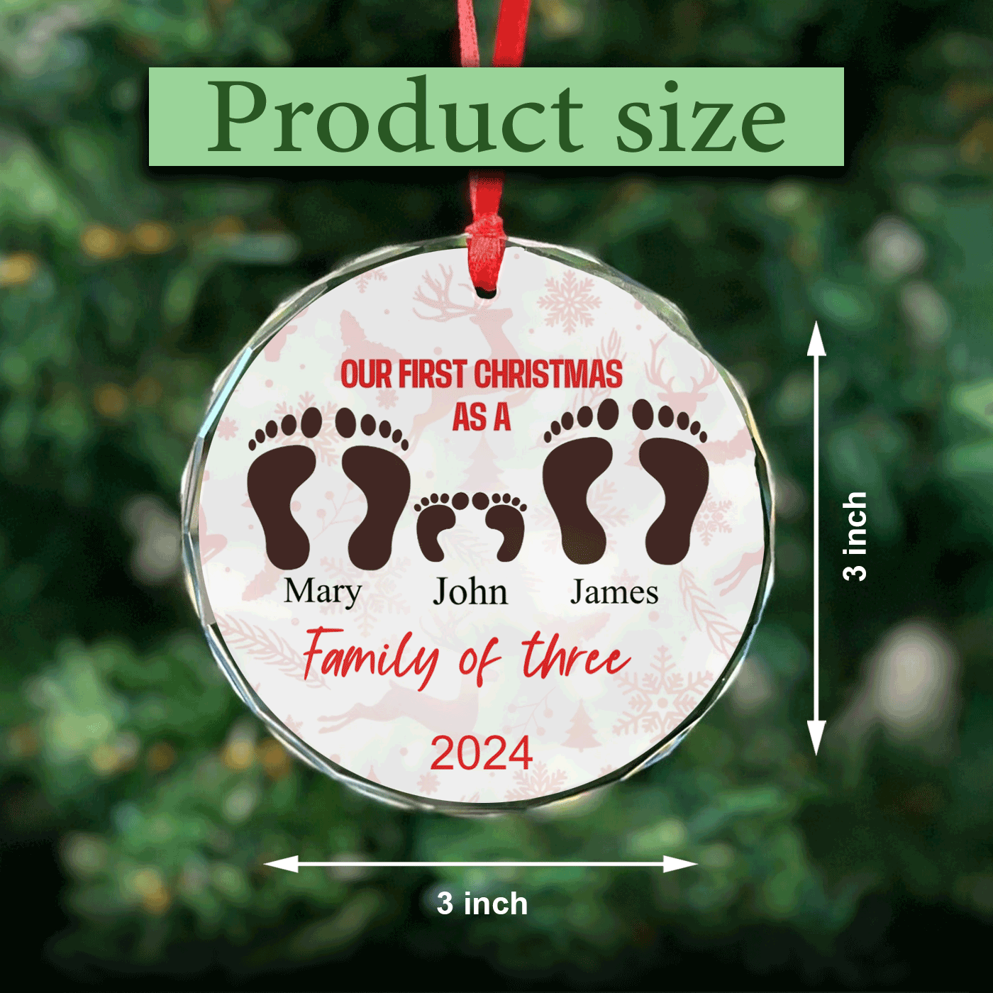 Our First Christmas as a "Family of Three" Crystal Glass Ornament | Customizable Keepsake